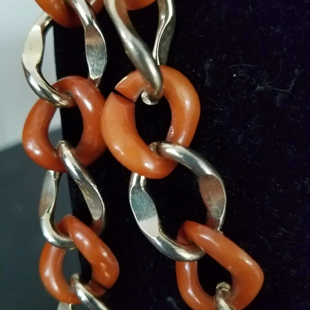 Chunky Gold Tone Link Necklace Coral Red Statement Jewelry Chain